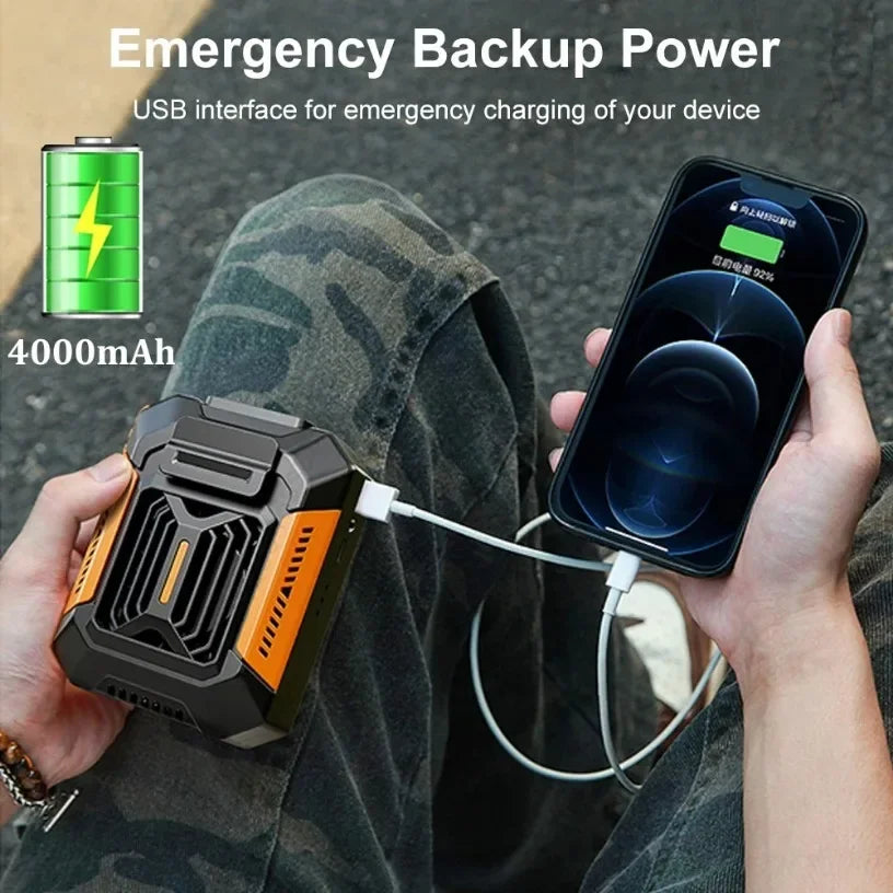 3 Speeds Portable USB Waist Clip Hanging Neck Fan 2 in 1 4000MAH with Power Bank LED Light Rechargeable Fan for Outdoor Labor