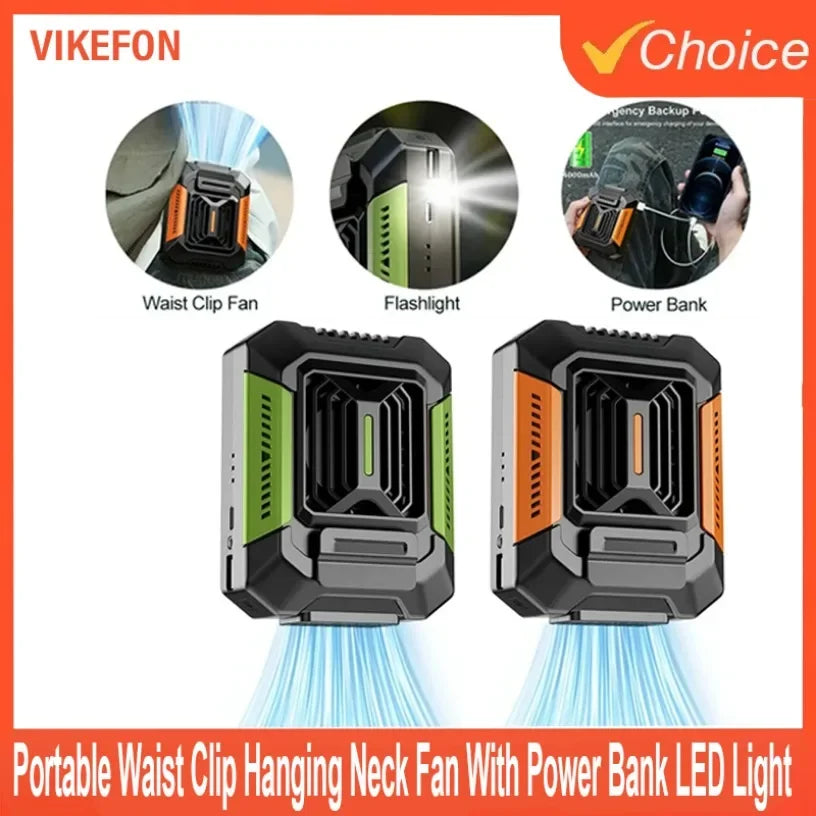 3 Speeds Portable USB Waist Clip Hanging Neck Fan 2 in 1 4000MAH with Power Bank LED Light Rechargeable Fan for Outdoor Labor