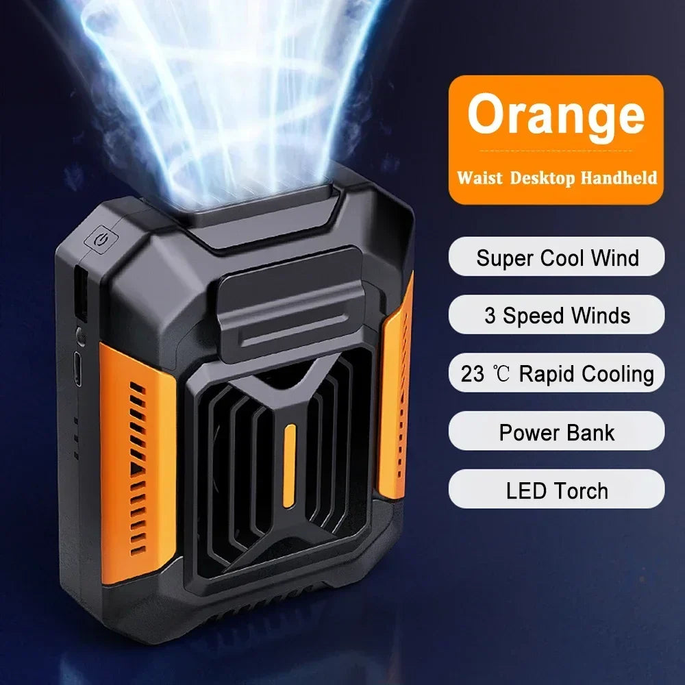 3 Speeds Portable USB Waist Clip Hanging Neck Fan 2 in 1 4000MAH with Power Bank LED Light Rechargeable Fan for Outdoor Labor